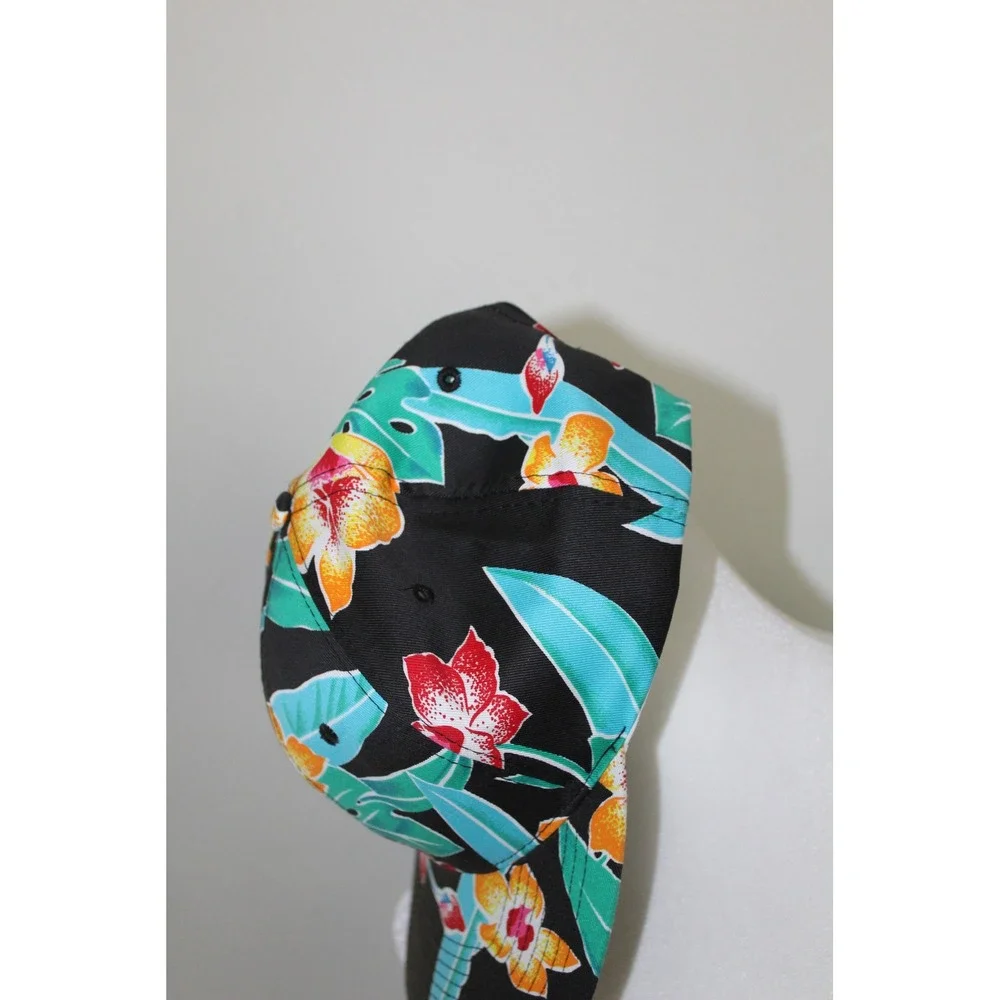 Nissin Tropical Floral Snapback Hat Black Hibiscus Monstera Print Vintage Style